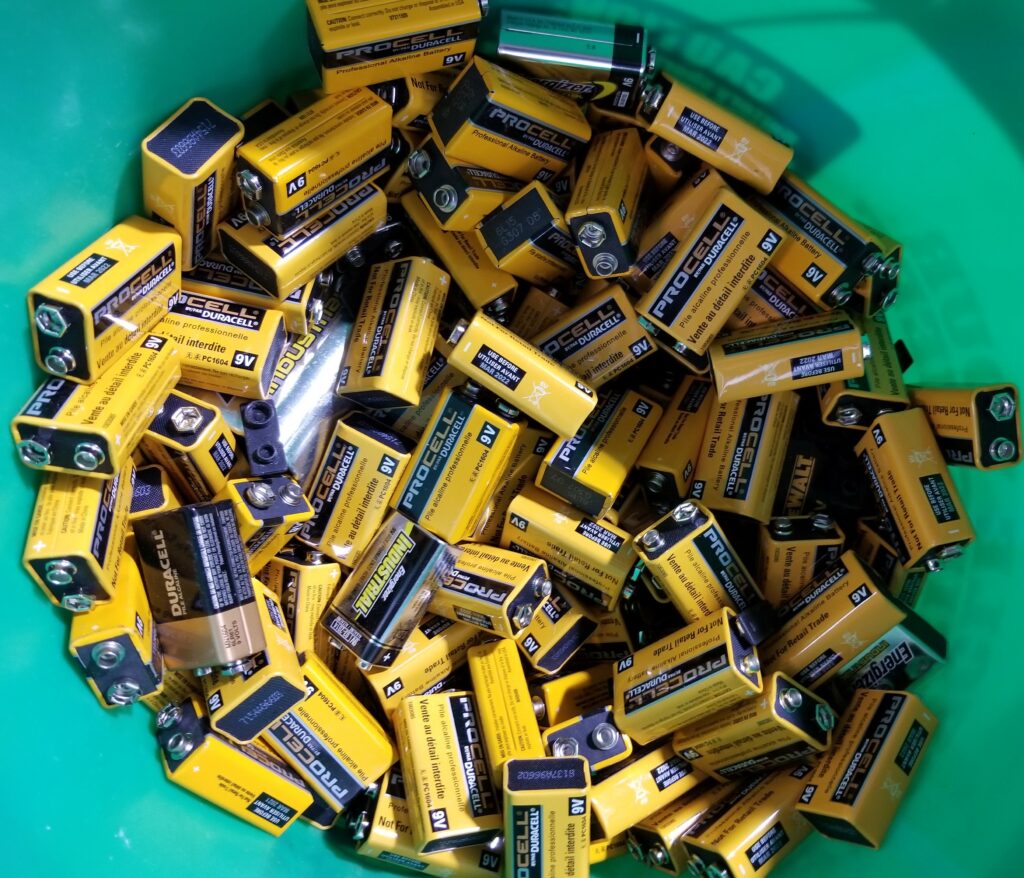 ecycle alkaline batteries for free for our commercial customers  if you buy bulk alkaline batteries from us OR if you have a healthy mix of batteries to recycle (i.e. also recycle lead batteries, such as from UPSs.    If you regularly recycle a bucket at a time  and you don't buy bulk alkalines from us, we charge $0.50 per pound.  That's pretty much what we have to pay the recycler.  We are passing the costs through, giving commercial customers the benefit of our wholesale recycling rate. 